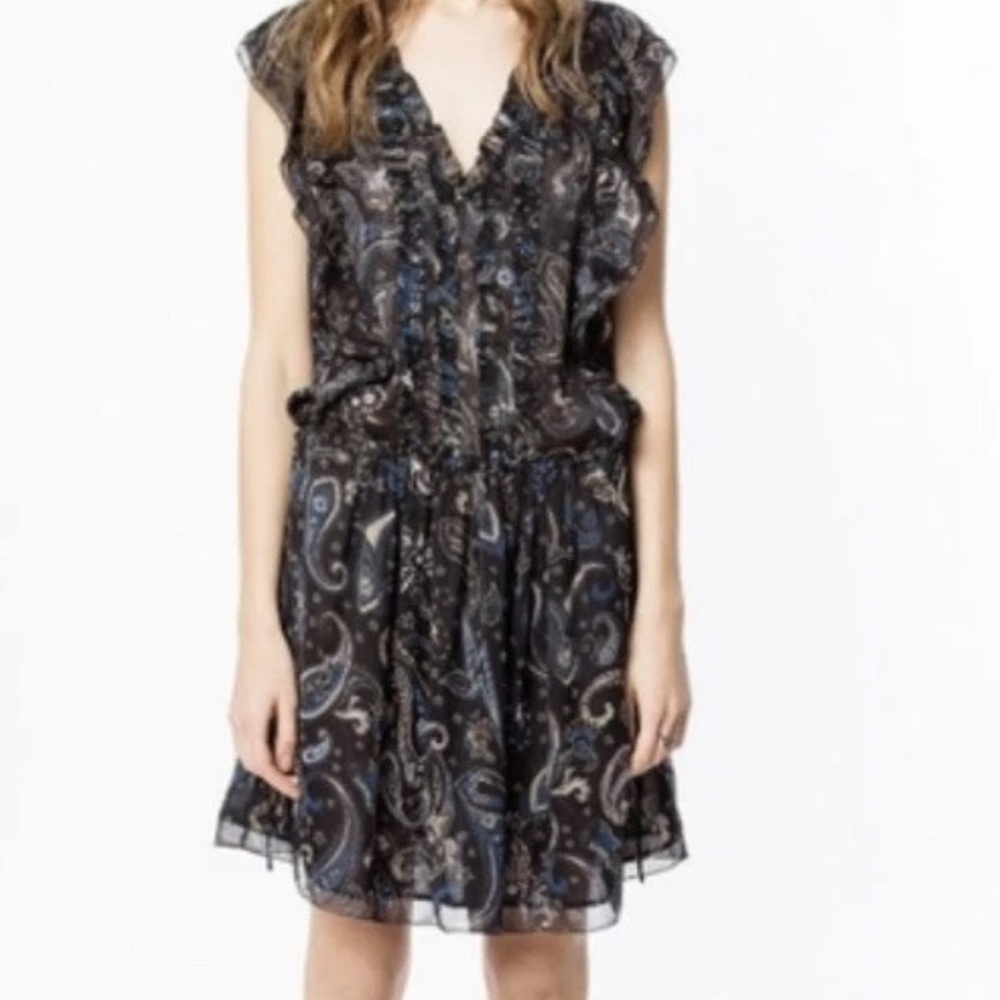 Zadig & Voltaire Rimana paisley Gray Blue Ruffled Smocked Dress